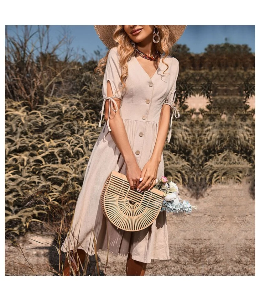 Women Plain Color Short Sleeve V Neck Button Wholesale Midi Dresses SD168424 3 Women Plain Color Short Sleeve V Neck Button Wholesale Midi Dresses SD168424 - Image 3