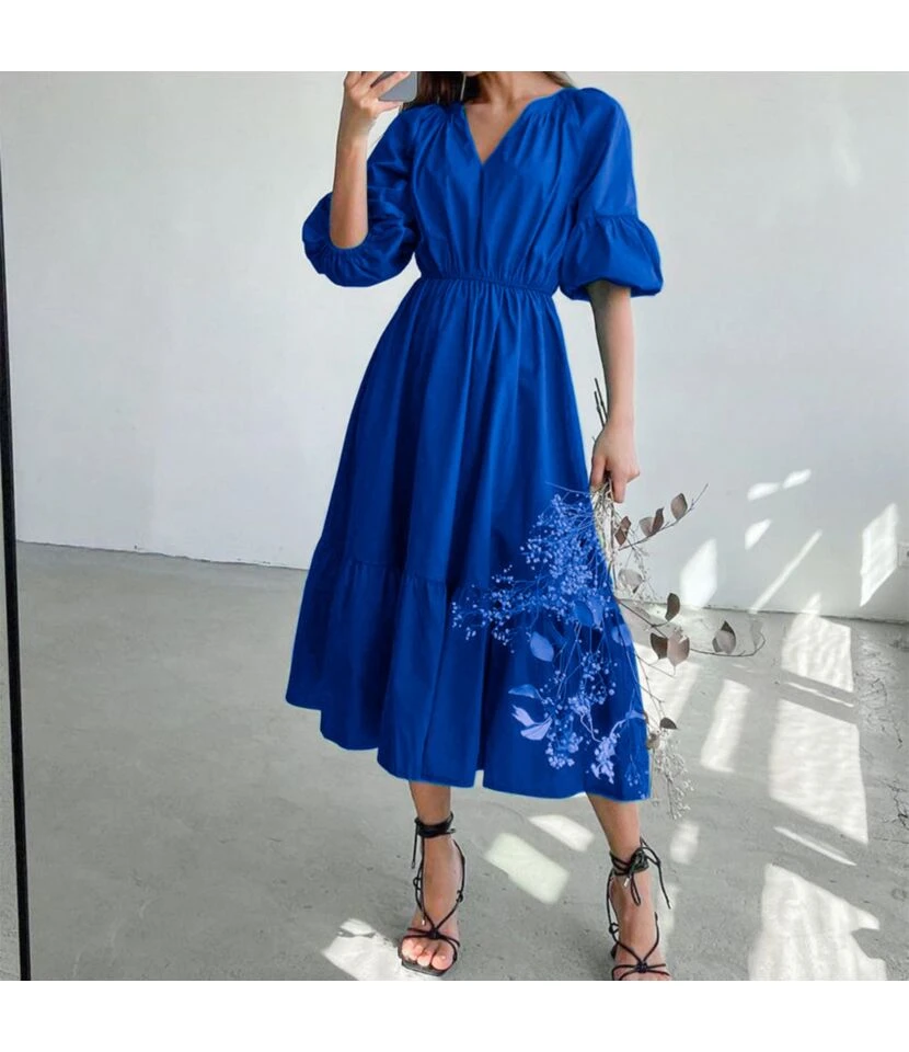Klein Blue V Neck Puff Sleeve A-Line Dress High Waist Solid Color Midi Wholesale Dresses SDN560941 5 Klein Blue V Neck Puff Sleeve A-Line Dress High Waist Solid Color Midi Wholesale Dresses SDN560941 - Image 5