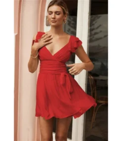 Sexy Deep V Ruffles Sleeve Dress Solid Color Lace-Up Backless Wholesale Dresses SDN560229 -Dress Sales Store 059d6001 94bf 4c13 810d 95c8aa1b43bf f9e938f423a45ec562e456d9ca52d9f6