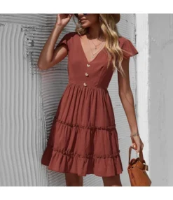 Short Sleeve V Neck Ruffle Hem Wholesale Swing Dresses SD204543