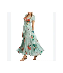 Printed Retro V-Neck Wide Hem Slit Design Wholesale Maxi Dresses Vacation Dress Trendy SD204093