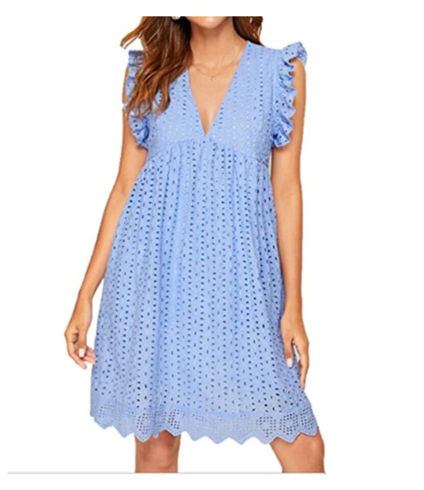 Solid Color Lace Hollow V Neck Frill Sleeve Loose Tank Dress With Pocket Casual Wholesale Dresses SDN532972 12 Solid Color Lace Hollow V Neck Frill Sleeve Loose Tank Dress With Pocket Casual Wholesale Dresses SDN532972 - Image 12