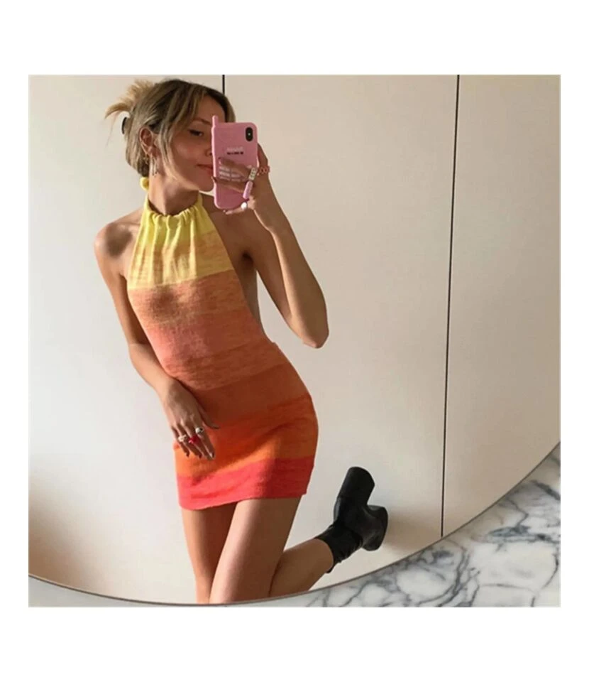 Gradient Sunset Print Halterneck Open Back Sling Pack Hip Knit Bodycon Dress Sexy Wholesale Jersey Dresses SDN532878 3 Gradient Sunset Print Halterneck Open Back Sling Pack Hip Knit Bodycon Dress Sexy Wholesale Jersey Dresses SDN532878 - Image 3