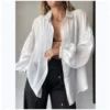 Casual Lantern Sleeve See-Through Lapel Shirt Loose Solid Color Wholesale Womens Long Sleeve T Shirts SOUN561066