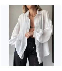 Casual Lantern Sleeve See-Through Lapel Shirt Loose Solid Color Wholesale Womens Long Sleeve T Shirts SOUN561066