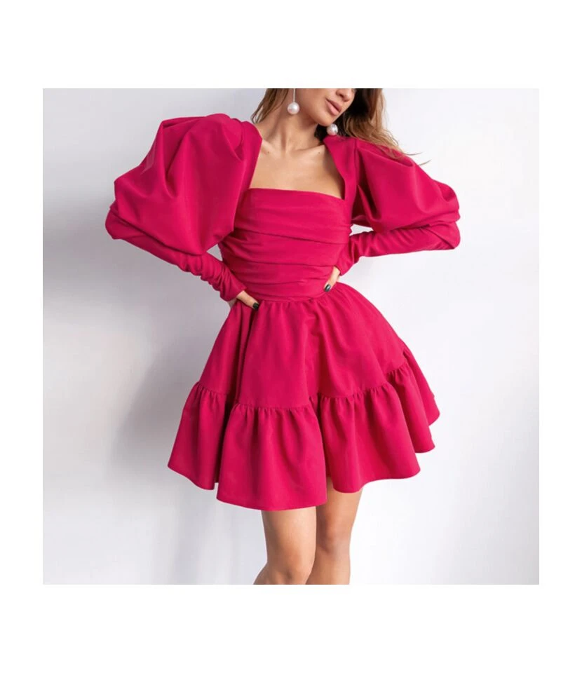 Puff Party Niche Puff Sleeve Stylish Pleated Solid Color Dress Wholesale Dresses N461523021400186