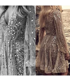 Sexy Long Sleeve Deep V Midi Dress Sheer Sequin Gowns Wholesale Dresses N5923081800028 -Dress Sales Store 13356461589 985641810