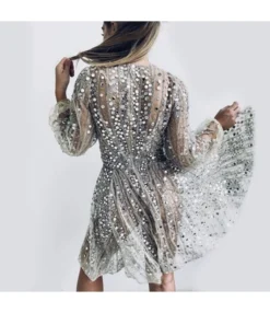 Sexy Long Sleeve Deep V Midi Dress Sheer Sequin Gowns Wholesale Dresses N5923081800028 -Dress Sales Store 13356464462 985641810