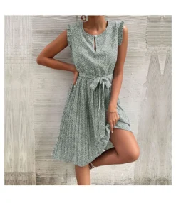 Casual Print Sleeveless Dress Floral Pleated Tie-Up A-Line Wholesale Dresses SDN561296 -Dress Sales Store 13 17