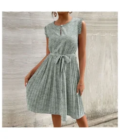 Casual Print Sleeveless Dress Floral Pleated Tie-Up A-Line Wholesale Dresses SDN561296