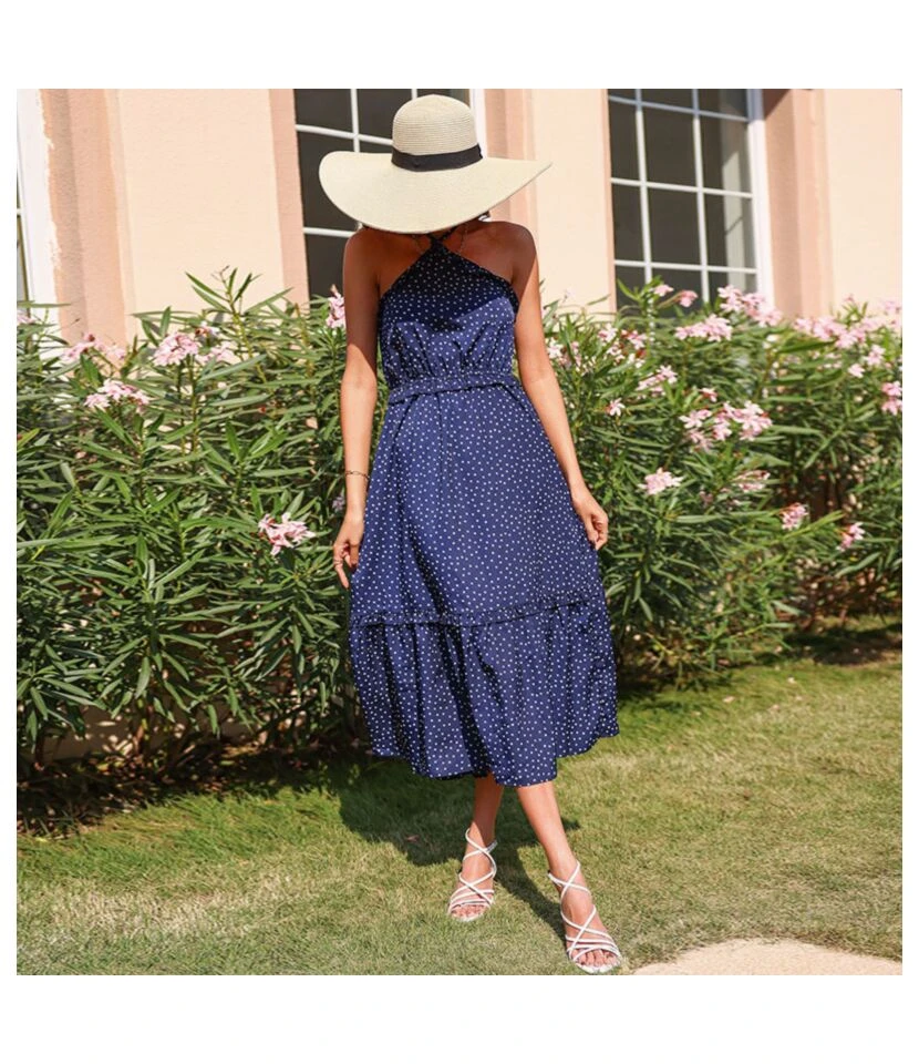 Polka Dot Print Halterneck Sleeveless Backless Wholesale Swing Dresses SD168427 1 Polka Dot Print Halterneck Sleeveless Backless Wholesale Swing Dresses SD168427