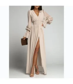 Nipped Waist Long Sleeve Slit Chiffon Dress Wholesale Maxi Dresses SDN535518
