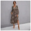 V Neck Buttons Trim Leopard Print Women Dress Wholesale SD030508