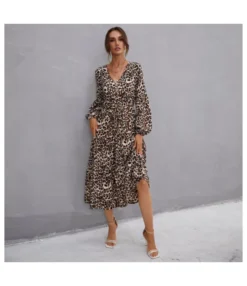 V Neck Buttons Trim Leopard Print Women Dress Wholesale SD030508