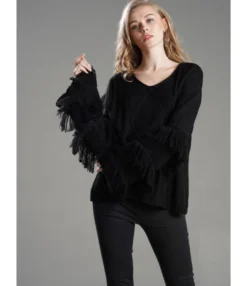 Tassel Trimmed Ruffle-sleeve Knit T-shirt -Dress Sales Store 200508289 1 1