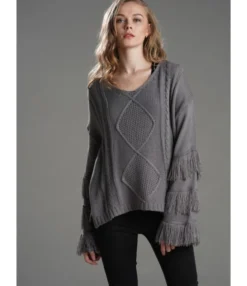 Tassel Trimmed Ruffle-sleeve Knit T-shirt -Dress Sales Store 200508289 3