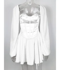 Sheer Lantern Sleeve Sexy White Dress -Dress Sales Store 200701028 1