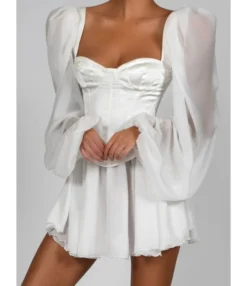 Sheer Lantern Sleeve Sexy White Dress
