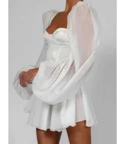 Sheer Lantern Sleeve Sexy White Dress -Dress Sales Store 200701028 9
