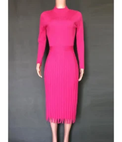 Solid Color Fringe Trim Textured Pleated Dress -Dress Sales Store 200902521 13 1
