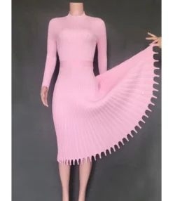 Solid Color Fringe Trim Textured Pleated Dress -Dress Sales Store 200902521 2 1