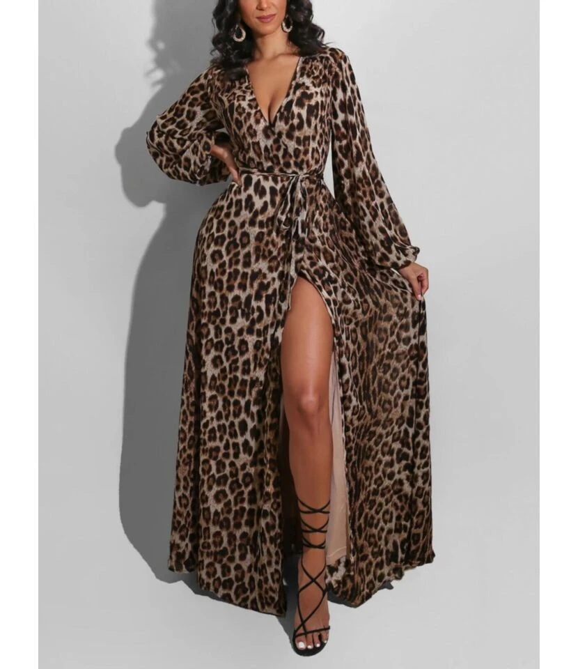 Deep V-neck Leopard Split Tie Wholesale Maxi Dresses In Bulk 1 Deep V-neck Leopard Split Tie Wholesale Maxi Dresses In Bulk
