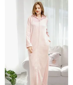 Solid Color Flannel Zipper Hooded Nightgown Dress