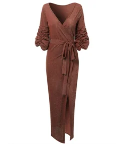 V Collar Ruched Puff Sleeve Belted Wrap Maxi Dress -Dress Sales Store 201116081 1