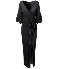 V Collar Ruched Puff Sleeve Belted Wrap Maxi Dress -Dress Sales Store 201116081 2