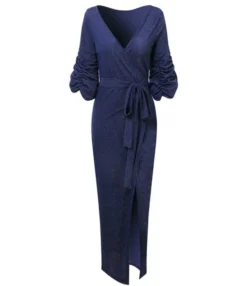 V Collar Ruched Puff Sleeve Belted Wrap Maxi Dress -Dress Sales Store 201116081 3