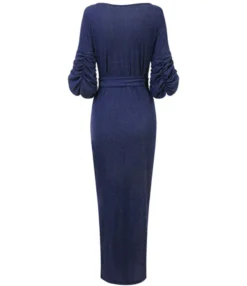 V Collar Ruched Puff Sleeve Belted Wrap Maxi Dress -Dress Sales Store 201116081 4