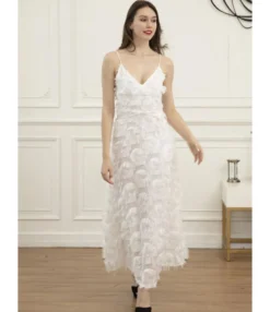 V Collar Feather Trim Party Spaghetti Strap Dress -Dress Sales Store 201119433 1