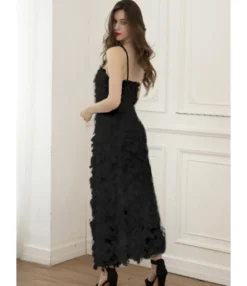 V Collar Feather Trim Party Spaghetti Strap Dress -Dress Sales Store 201119433 4