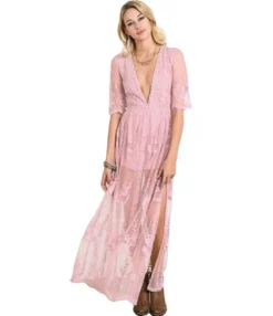 Deep V-neck Sheered Lace Split Beachwear Dress -Dress Sales Store 201123950 2