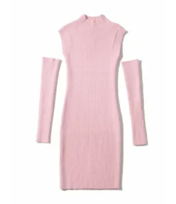 Mock Neck Plain Ribbed Knitting Dress With Sleeves -Dress Sales Store 201124680 11