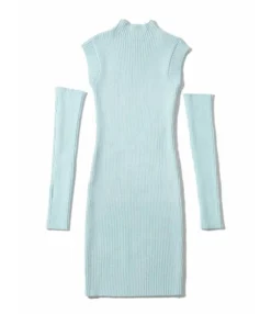 Mock Neck Plain Ribbed Knitting Dress With Sleeves -Dress Sales Store 201124680 12