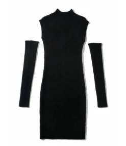 Mock Neck Plain Ribbed Knitting Dress With Sleeves -Dress Sales Store 201124680 13