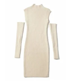 Mock Neck Plain Ribbed Knitting Dress With Sleeves -Dress Sales Store 201124680 14