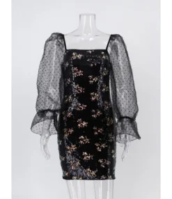Sheer Ruffle Sleeve Flower Pattern Sequin Dress -Dress Sales Store 201210081 4 1