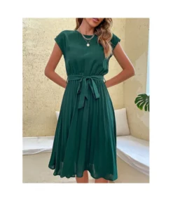 Casual Lace-Up Pleated Dress Short Sleeve Solid Color Wholesale Dresses SDN561294