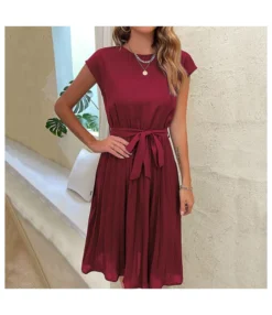 Casual Lace-Up Pleated Dress Short Sleeve Solid Color Wholesale Dresses SDN561294 -Dress Sales Store 20220720025829971