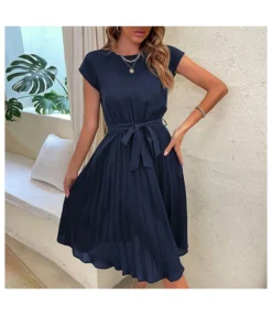 Casual Lace-Up Pleated Dress Short Sleeve Solid Color Wholesale Dresses SDN561294 -Dress Sales Store 20220720025830473