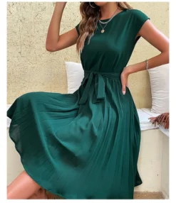 Casual Lace-Up Pleated Dress Short Sleeve Solid Color Wholesale Dresses SDN561294 -Dress Sales Store 20220720025830928