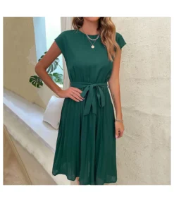 Casual Lace-Up Pleated Dress Short Sleeve Solid Color Wholesale Dresses SDN561294 -Dress Sales Store 20220720025831023