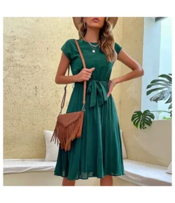 Casual Lace-Up Pleated Dress Short Sleeve Solid Color Wholesale Dresses SDN561294 -Dress Sales Store 20220720025831369