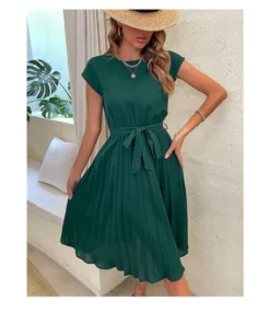 Casual Lace-Up Pleated Dress Short Sleeve Solid Color Wholesale Dresses SDN561294 -Dress Sales Store 20220720025831762