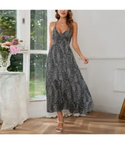 Dot Print Low Cut Backless Lace-Up Slip Swing Dress Wholesale Maxi Dresses SDN536185