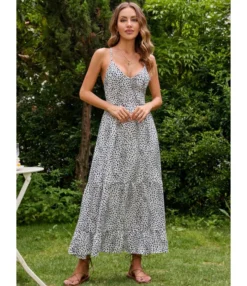 Dot Print Low Cut Backless Lace-Up Slip Swing Dress Wholesale Maxi Dresses SDN536185 -Dress Sales Store 20220803021510278 1