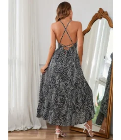 Dot Print Low Cut Backless Lace-Up Slip Swing Dress Wholesale Maxi Dresses SDN536185 -Dress Sales Store 20220803021510671