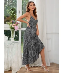 Dot Print Low Cut Backless Lace-Up Slip Swing Dress Wholesale Maxi Dresses SDN536185 -Dress Sales Store 20220803021510986